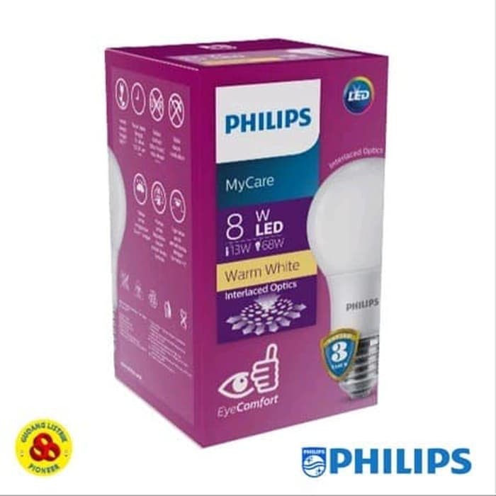 Philips LED Bulb 8W Kuning E27 Mycare Bohlam LED Bulb 8 Watt Warm White