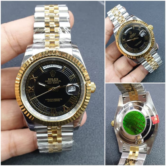 Jam Tangan Pria Rolex Daydate MIYOTA JAPAN Combi Gold Black Dial