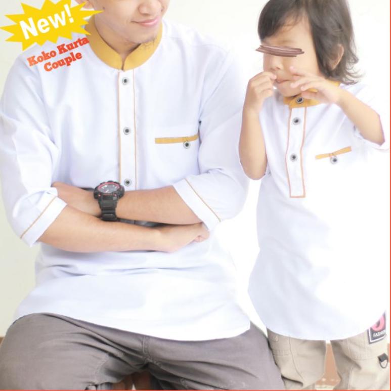 GRG.02Jn22ј– Baju Koko Kurta Pria Couple Ayah dan Anak laki laki Mustard putih Lengan 3/4 Bahan Toyo
