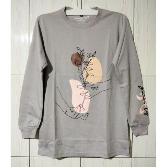 Kaos Wanita Lengan Panjang Fashion Top Original Abu Abu Muda Bunga