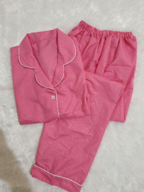 Baju Tidur Piyama Pajamas Wanita/Cewek Satin Silky Velvet Cantik Simple Wanita Dewasa Full Kancing-CP EMBOS PINK