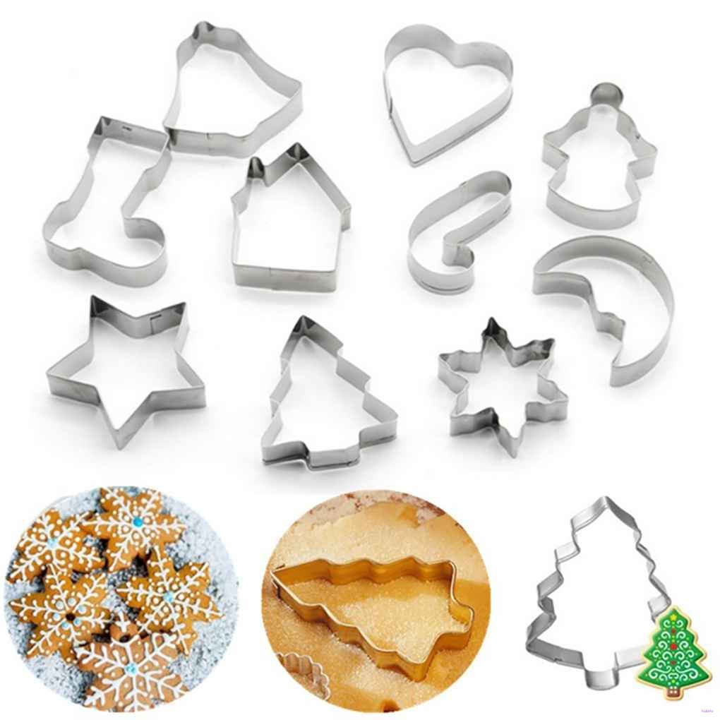 10pcs/set Cetakan Bahan Stainless Steel Bentuk Pohon Natal Bintang Snowflake Lonceng Untuk Kue Biskuit