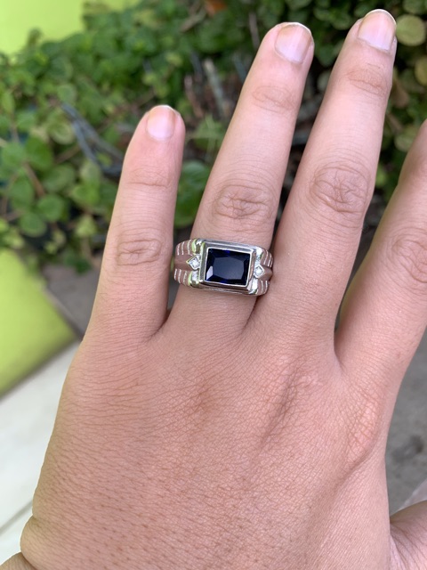 Cincin Pria Perak Blue Saphire Batu Akik Safir Biru Royal Minimalis Elegan