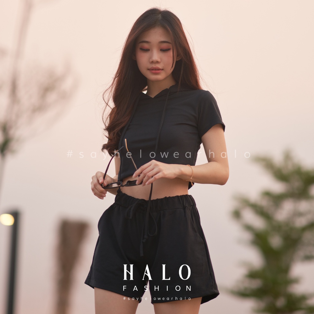 [HaloFashion] Valerie Sexy Set Hoodie Crop Top + Hot Pants Basic One Set Korean Fashion