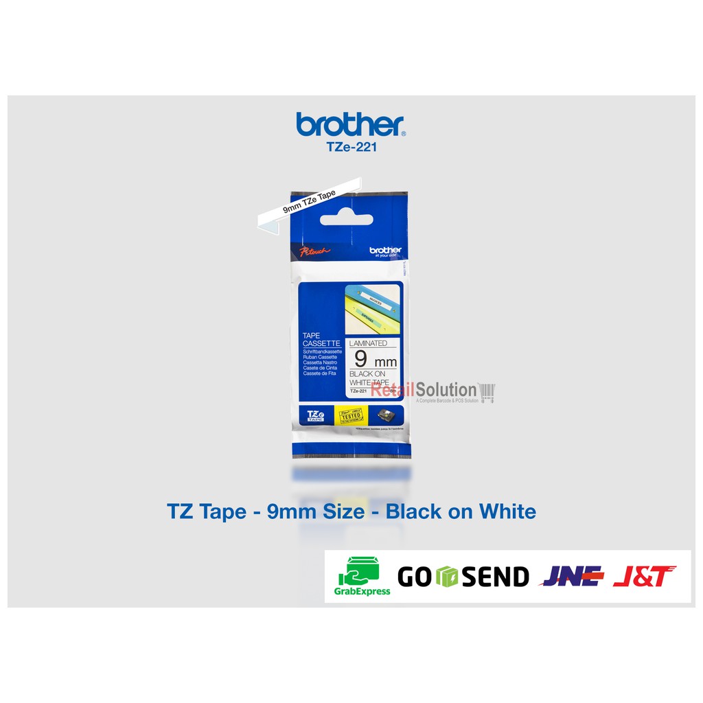 Tape Brother TZe-221 9mm Black on White - Isi 8 Meter