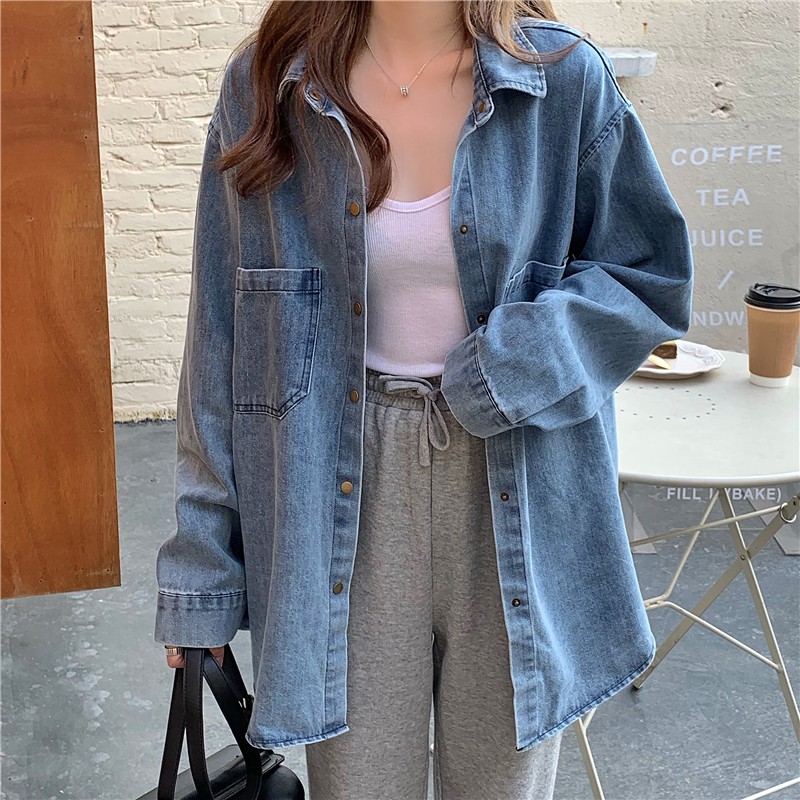 Korea style baru jaket kemeja denim atasan oversize denim wanita lengan panjang jaket atasan wanita