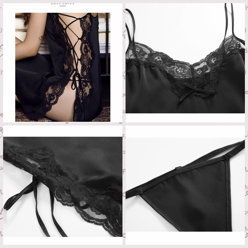 (COD) Lingerie Sexy Set G String Bahan Satin anpa Lengan Rok Mini Baju Tidur Seksi A512