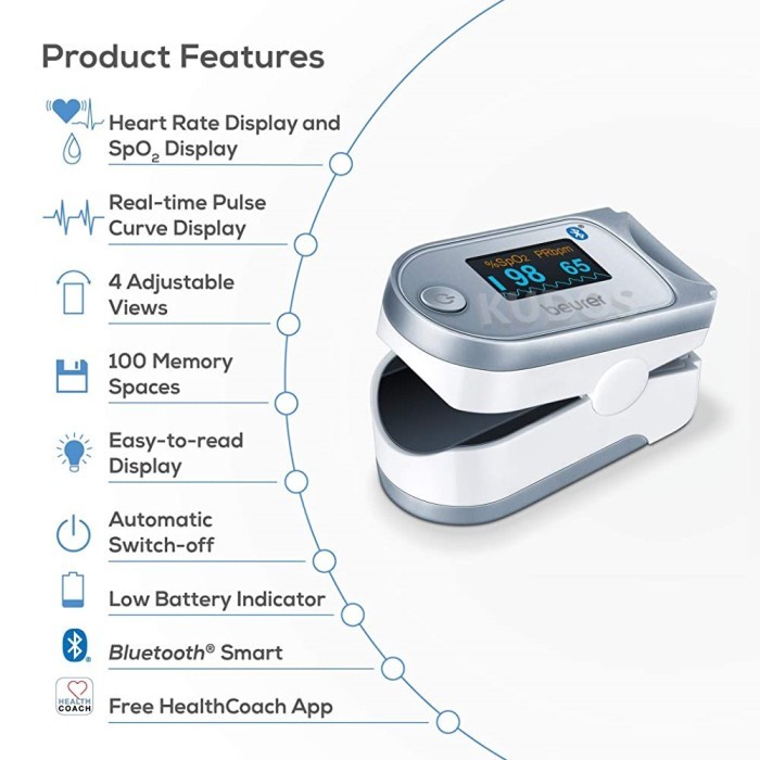 Beurer PO 60 - Pulse Oximeter Bluetooth - Alat Ukur Kadar Oksigen Beurer PO60 Oxymeter - Pulse Finger Oximeter Beurer Po60