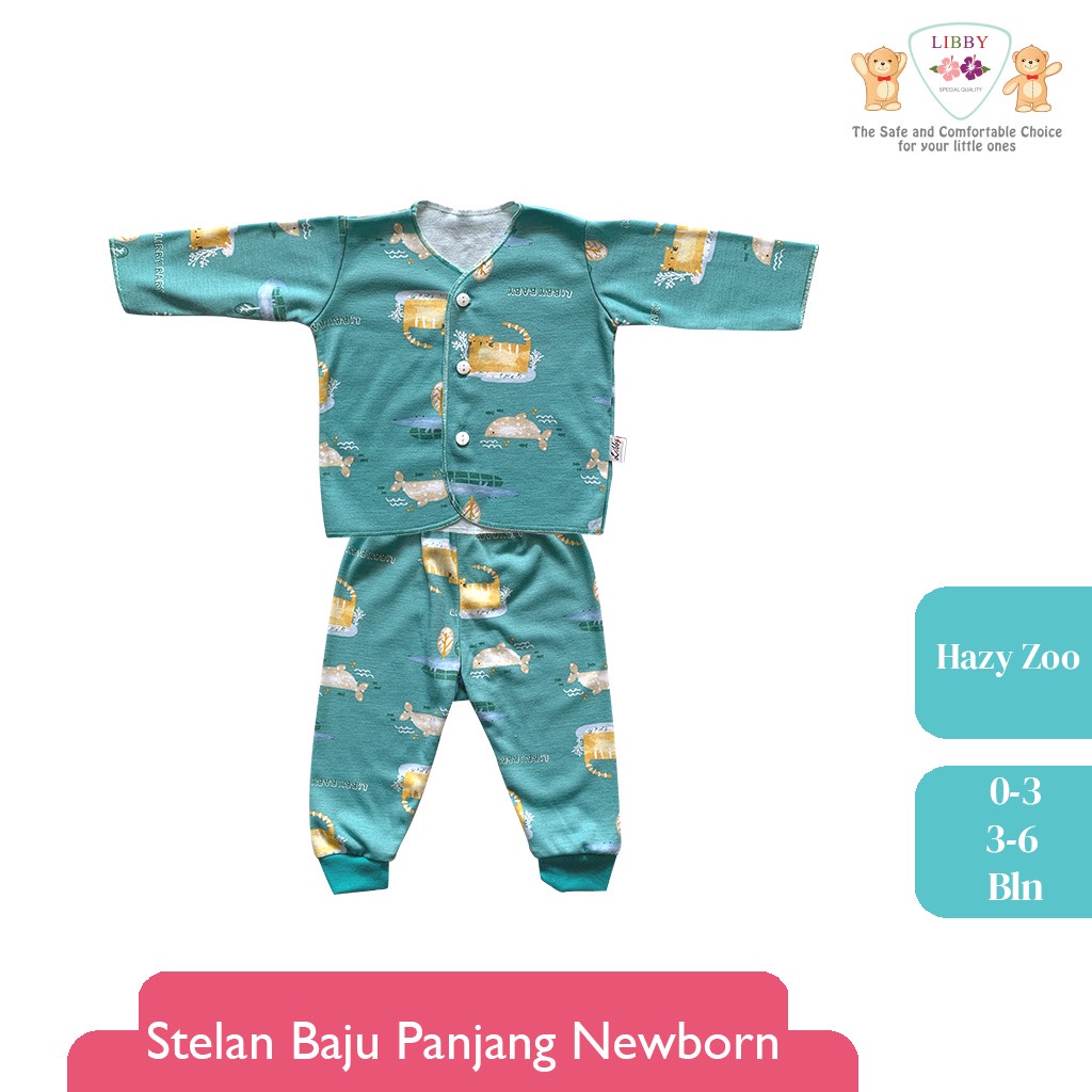 Baju Bayi Anak Setelan Panjang Kancing Depan Newborn 0-6 Bulan LIBBY Motif Hazy Zoo (1 stel)