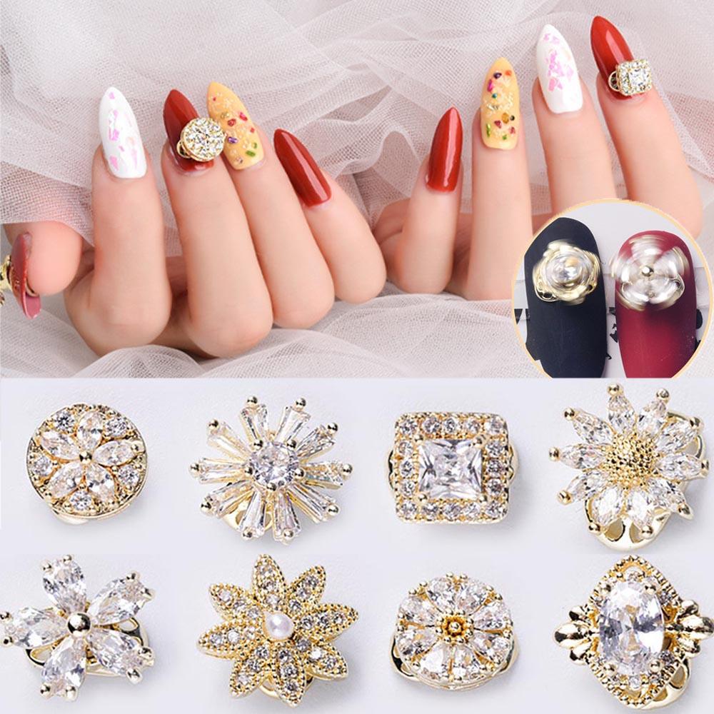 Needway   Rotatable Nail Zircon Gold Shiny Tahan Lama Paduan Logam Berputar Cepat Rotatable Nail Rhinestones