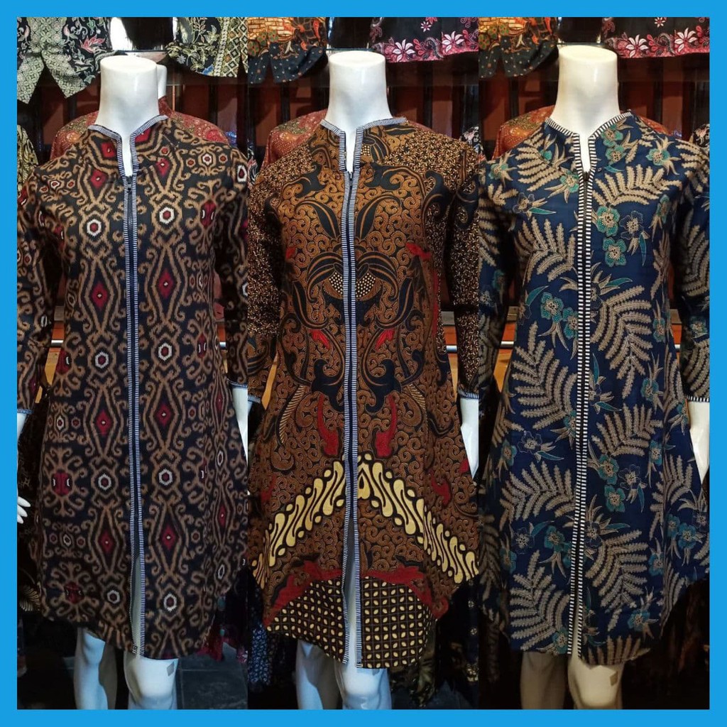 TUNIK BATIK LAWASAN ZIPPER DEPAN, FASHION WANITA, TUNIK KEKINIAN, CLASSIC, JADUL, COKLAT,KEKINIAN