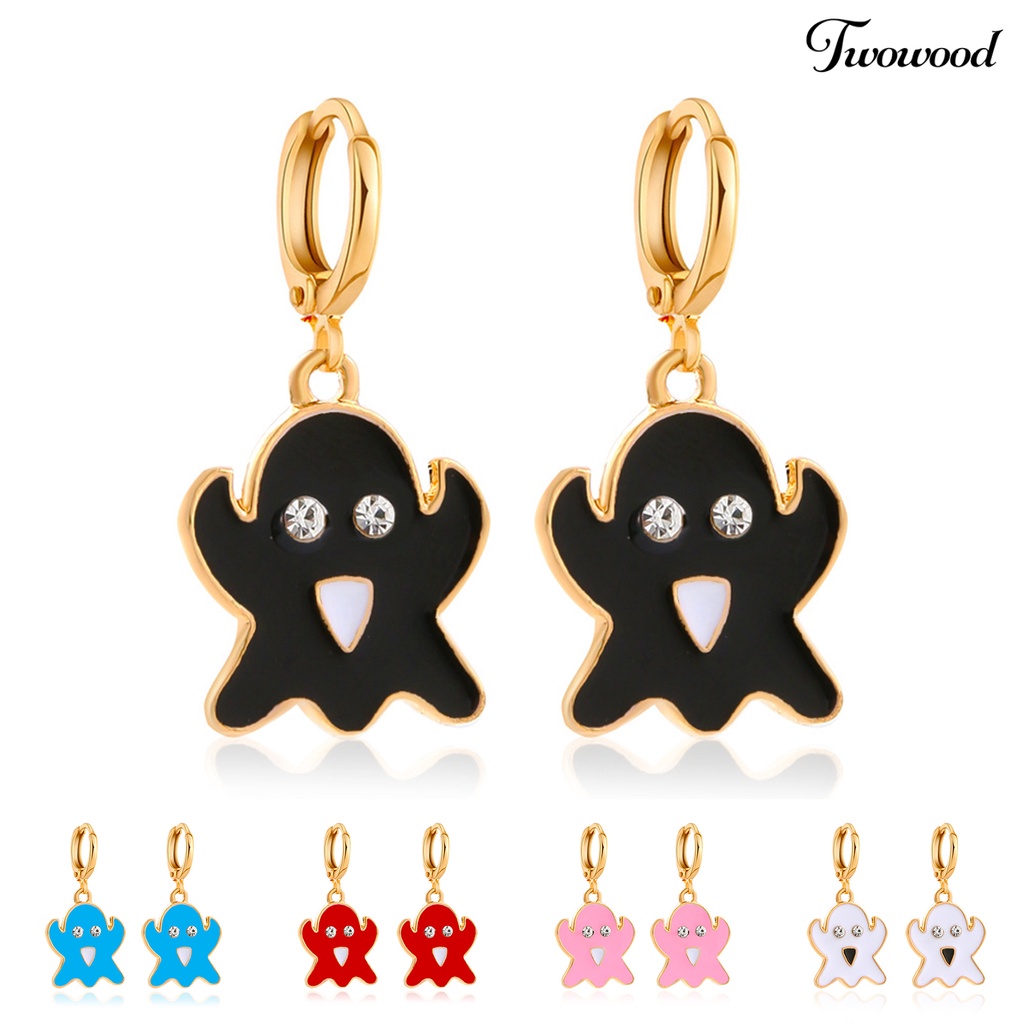 Twowood 1 Pair Ghost Pendant Halloween Earrings Candy Color Alloy Rhinestone Women Enamel Earrings Party Jewelry