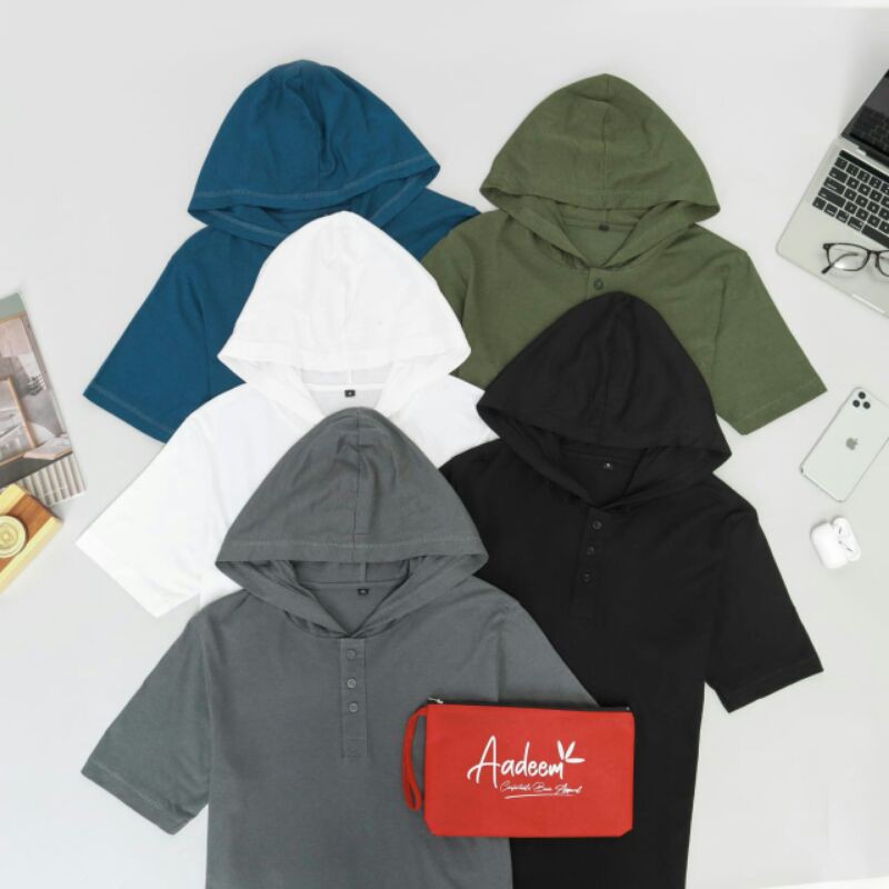 Kaos Henley Hoodie Aadeem Katun Bambu