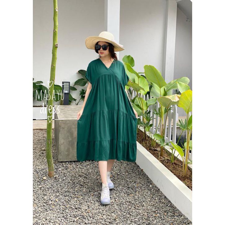 Dress Masayu - Dress Wanita Jumbo Rayon Premium Baju Wanita Polos Lengan Pendek Pakaian Casual Kekinian LD 115 cm