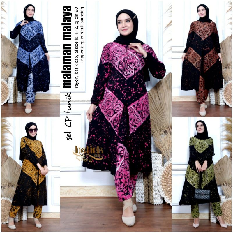 SET CP TUNIK MALAMAN MALAYA SETELAN RAYON•CAP BATIK•ZIPPER DEPAN(BUSUI)•TALI SAMPING BY BATIEK SOLO