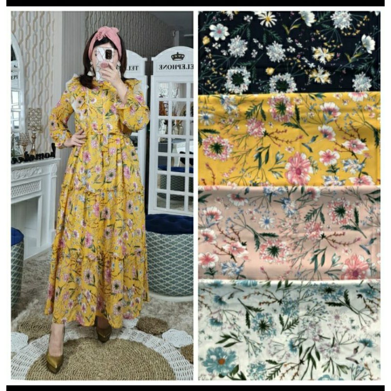 gamis maxi ceruty bunga tabur ruffle umpak sayap tutu ori meijiwang