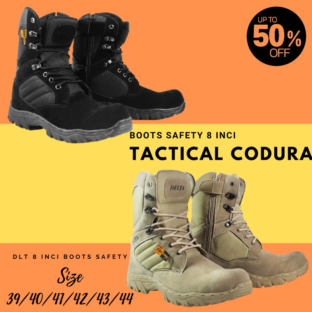 Sepatu Pria DLT USA Tactical Cordura Gurun 8 inci Tinggi Sleting Boots Safety Ujung Besi HITAM CREAM