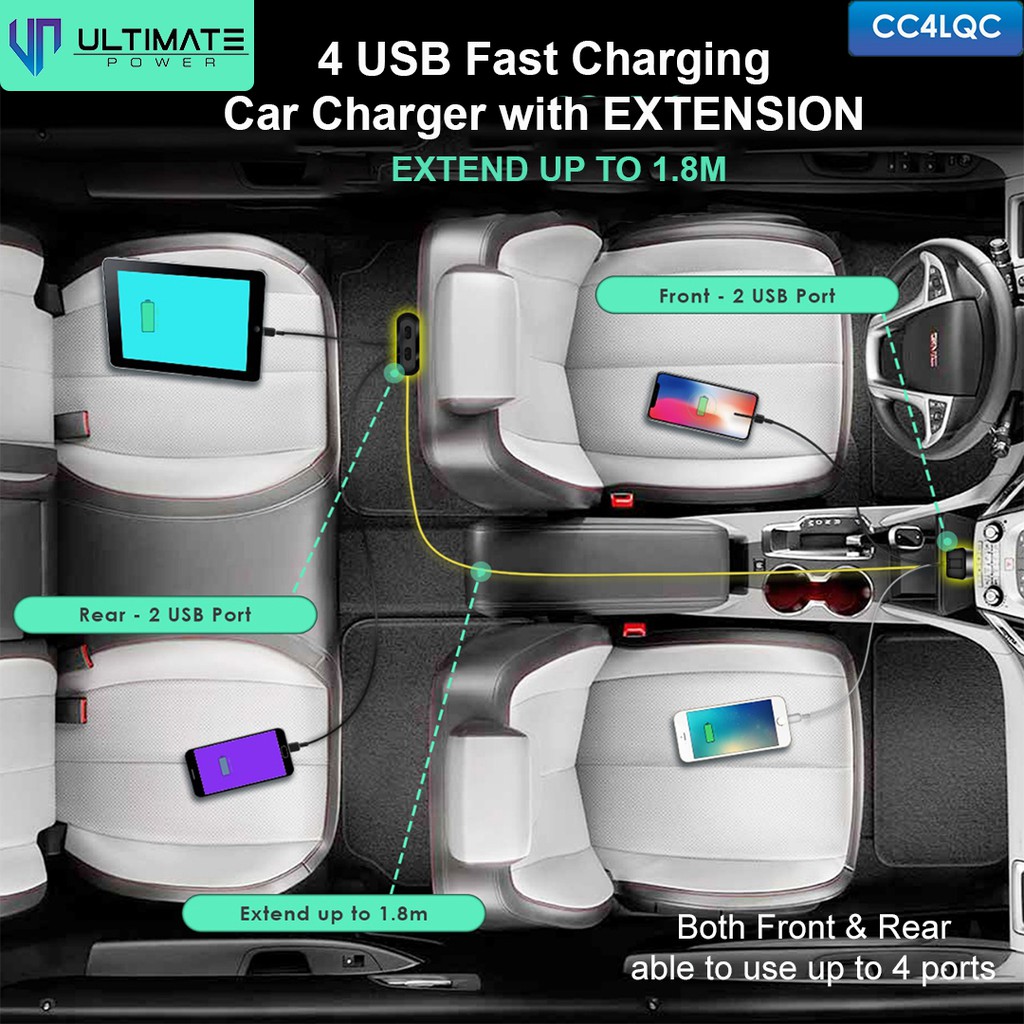 Car Charger Fast Charging Ultimate 4USB Fast Charging Car Charger with Extension