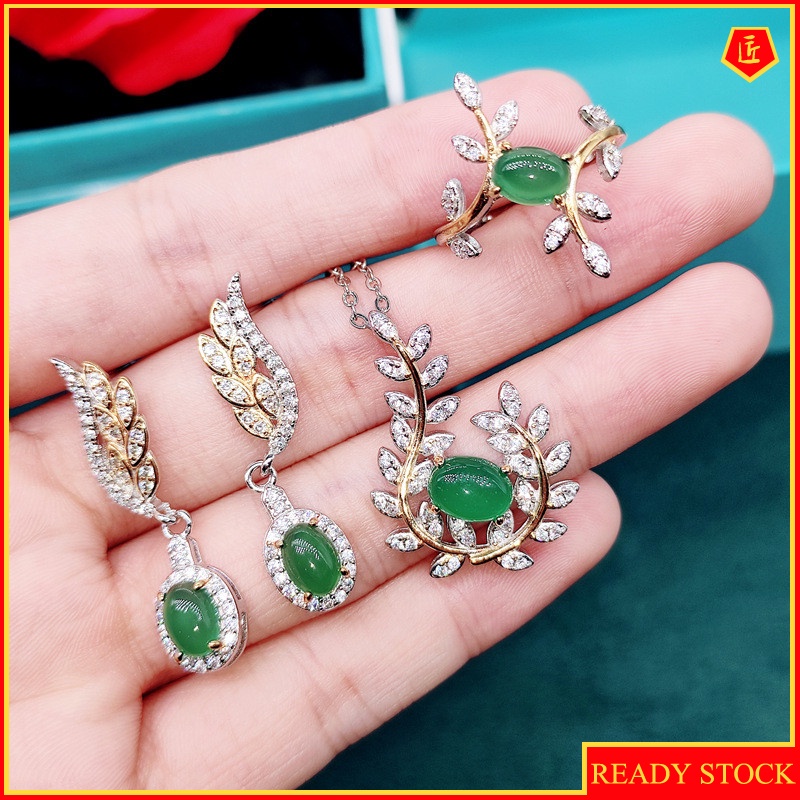 [Ready Stock]Natural Chalcedony Necklace Diamond Olive Leaf Pendant Open Ring