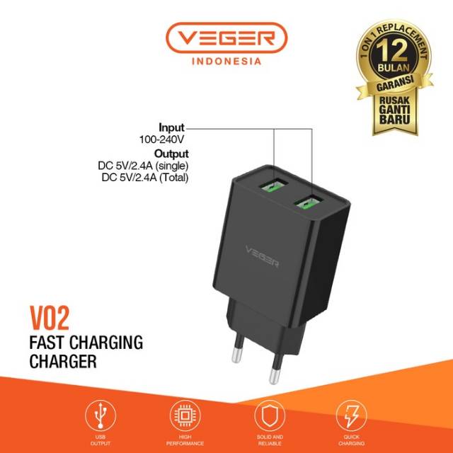 VEGER V02 ADAPTOR CHARGER 2 PORTS USB  FAST CHARGING 2,4A KEPALA CHARGER