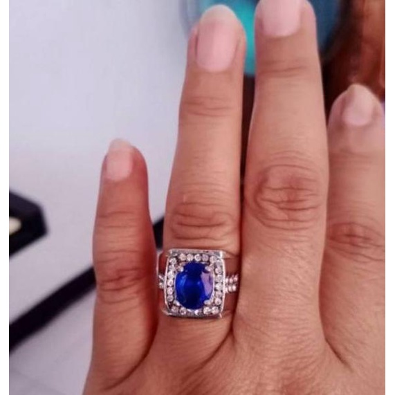 (PROMO 89B57) Cincin Pria Akik Safir Biru Ring Warna Perak Batu Blue Sapphire Cubic Zirconia ✿