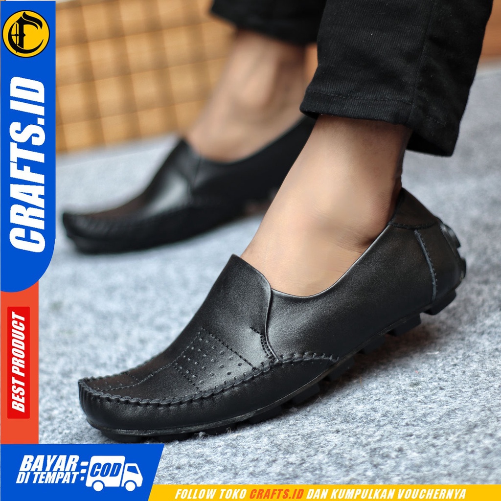 Sepatu Slip On Pria Sepatu Casual Pria Kulit Asli Kerja Kantor Kuliah Kondangan Sepatu Slop Pria Sepatu Hitam Pria CRAFTS GRACKO