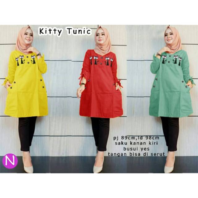 tunic kitty, tunik, atasan wanita, motif kucing, casual tunik, ootd Tunik,fashionable,fashion wanita