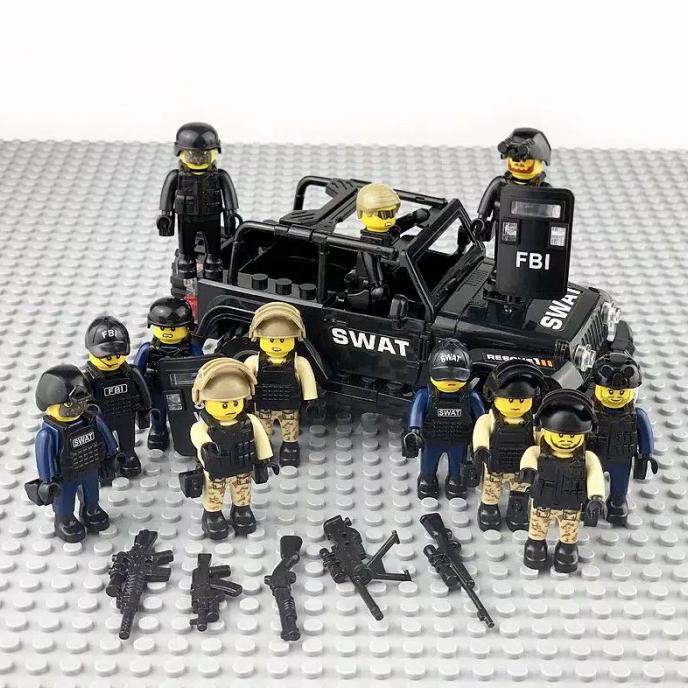 Gaya Brick Non Lego Ori City Police Swat Car + 12 Minifigure Set Polisi - Blue-Brown Sale