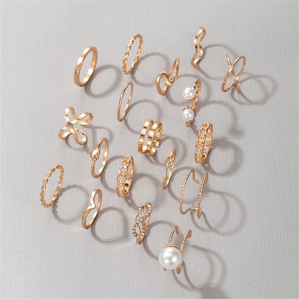 18 pcs Baru Mutiara Geometris Cinta Hati Mutiara Cincin Berlian 18-piece Set untuk Wanita