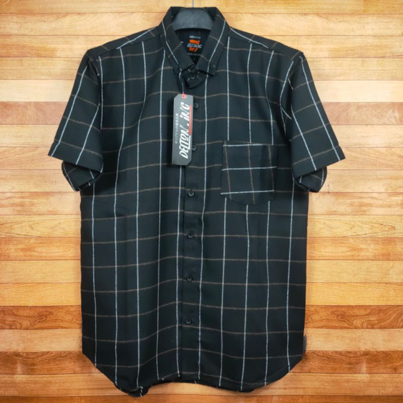 kemeja flanel lengan pendek pria kasual motif kotak kotak hem cowok