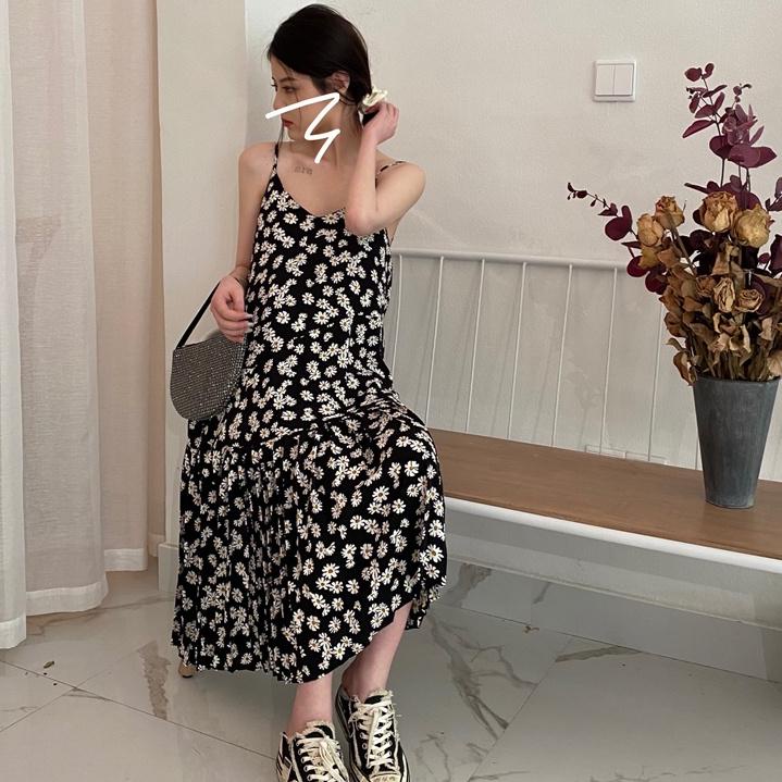 ペ pakaian wanita gaun tanpa lengan bunga busana korea dress a-line maxi Terbaik