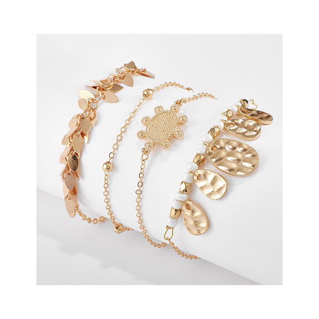 LRC Gelang Tangan Fashion Golden Irregular Alloy Bump Rice Beads Leaves Small Turtle Bracelet Set D6