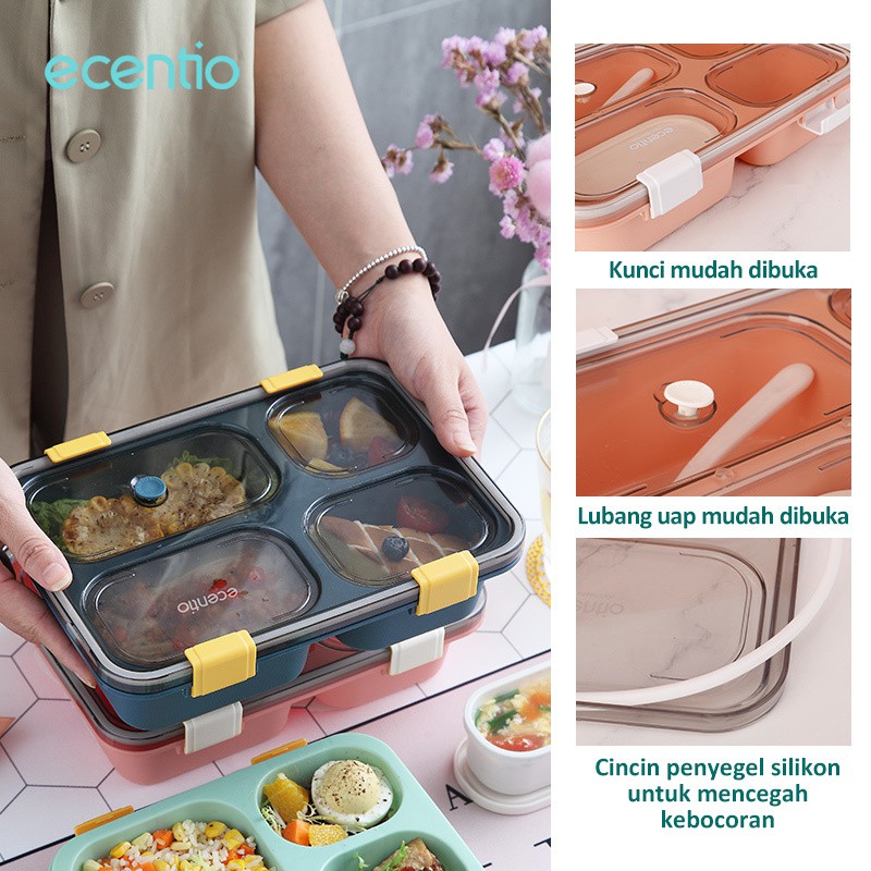 ecentio kotak makan 1300ml siang empat kotak/gratis kotak sup + sendok/4 gird lunchbox tahan bocor