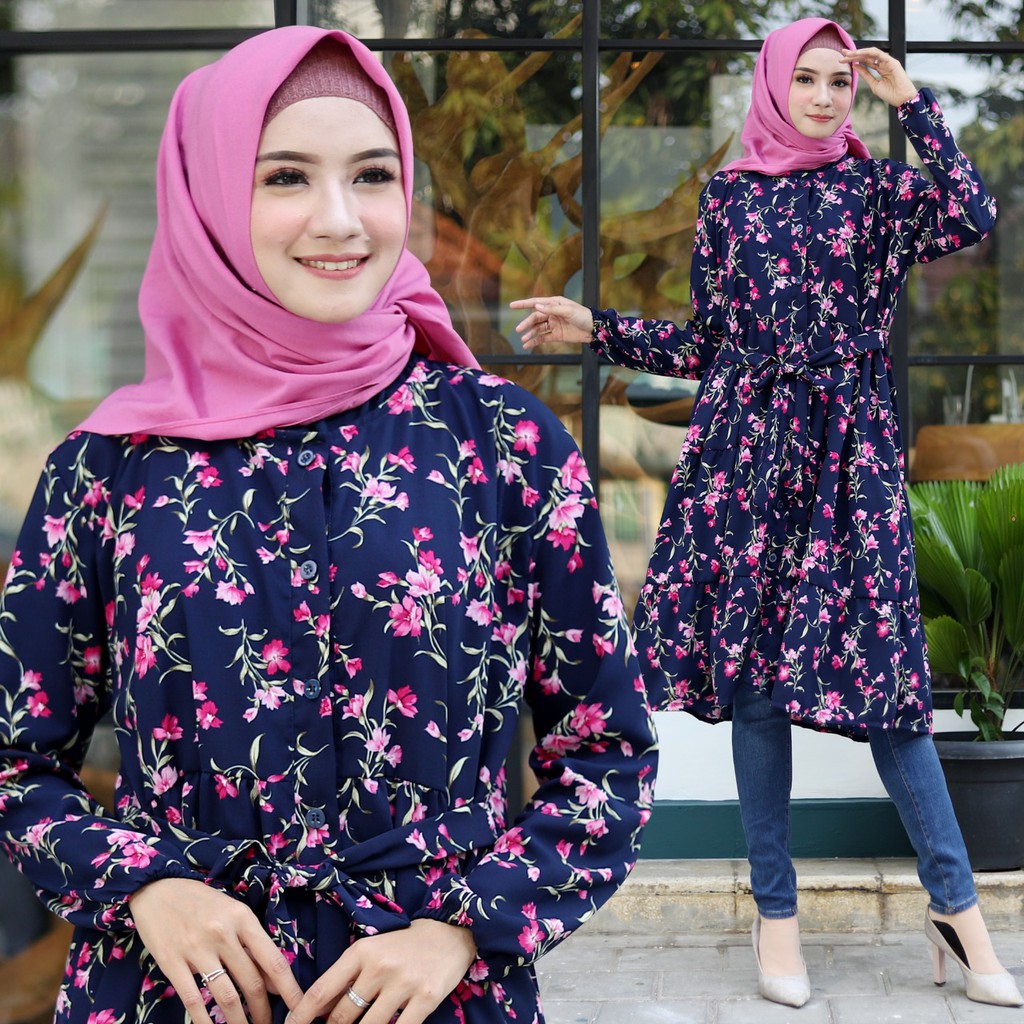 HOPYLOVY - Tunik Wanita Motif Bunga Equella