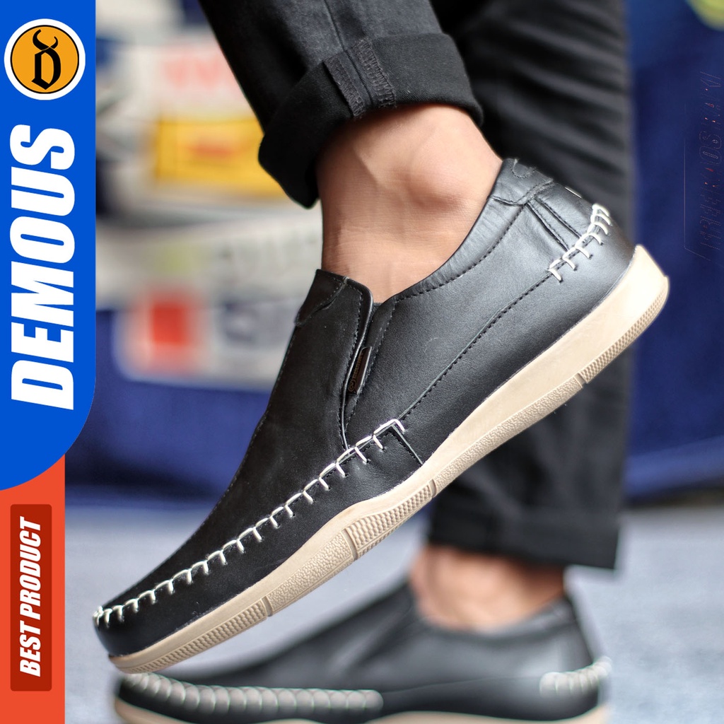 Sepatu Slip On Pria Sepatu Casual Pria Formal Kulit Asli Sepatu Pantofel Kerja Kantor Kuliah Kondangan Sepatu Slop Pria Sepatu Hitam Pria DEMOUS DIVOC