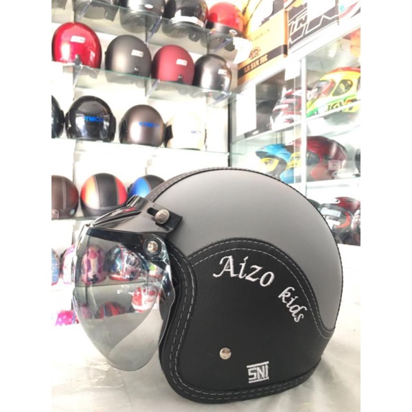 Aizo Kids Helm Anak Full Kulit Warna Abu Hitam SNI Helm Berkualitas COD Free Packing Kardus Bubble W