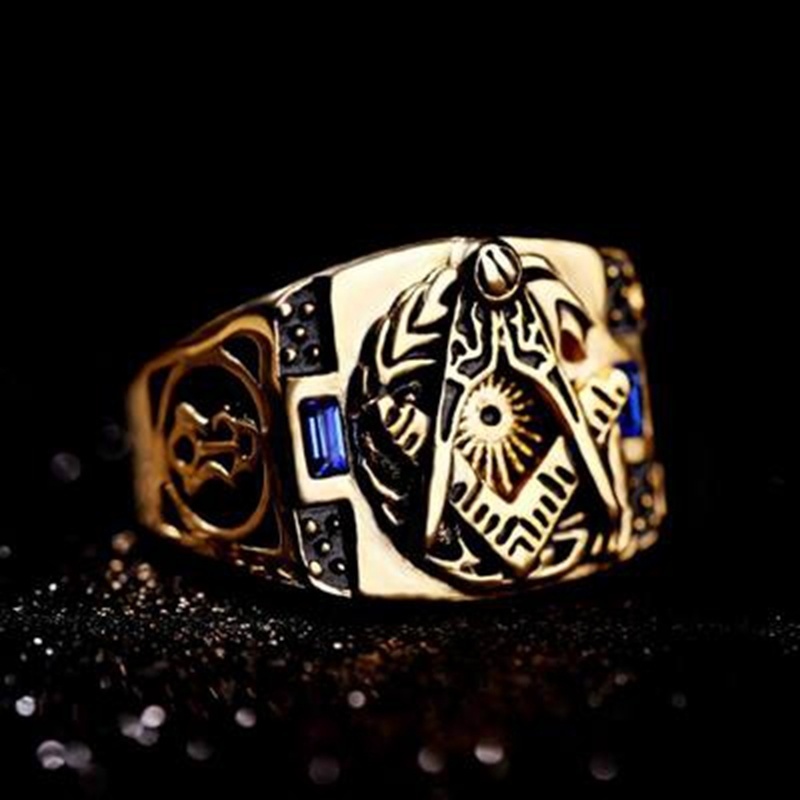 Cincin Emas Masonic Retro Hias Batu Permata Biru Untuk Pria