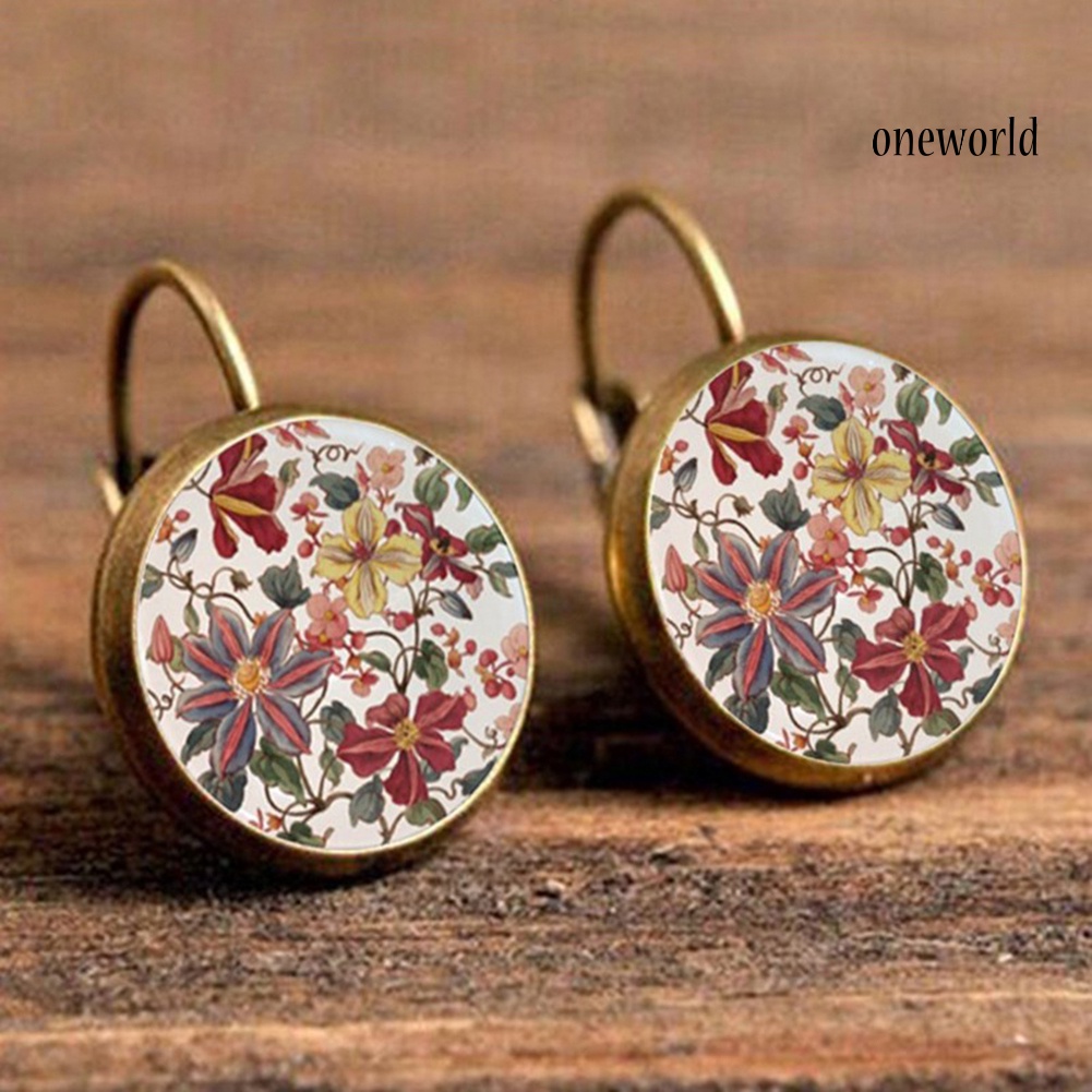 OW@ Vintage Flower Printed Round Pendant Women Leverback Earrings Party Jewelry