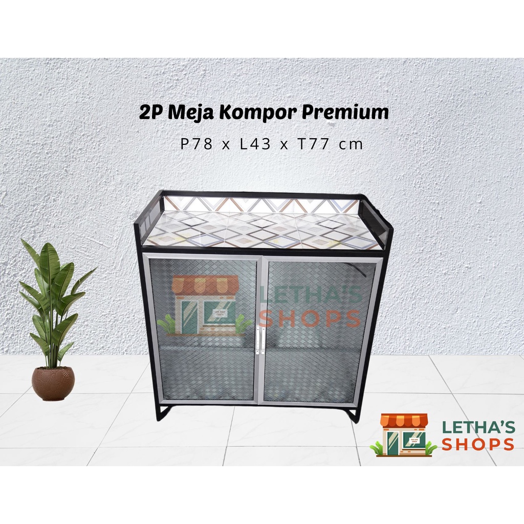 MEJA / RAK KOMPOR TIANG HITAM PREMIUM SAMPING & BAWAH KERAMIK 2 PINTU