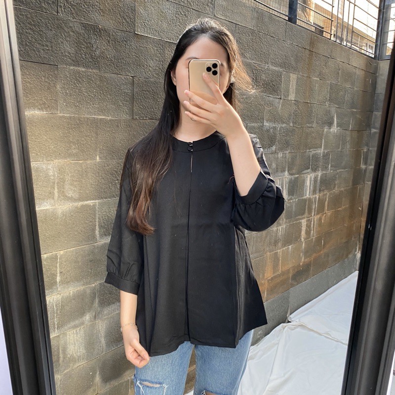 NYLA Blouse Kantor Korea 3/4 Sleeves Blus Jumbo Tunik Big Size A20-1958-black