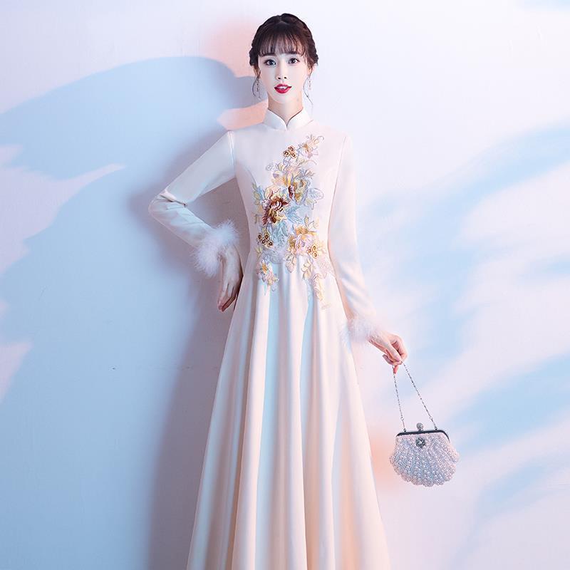 Autumn and Winter new Chinese style machine embroidery improved cheongsam long dress temperament thi