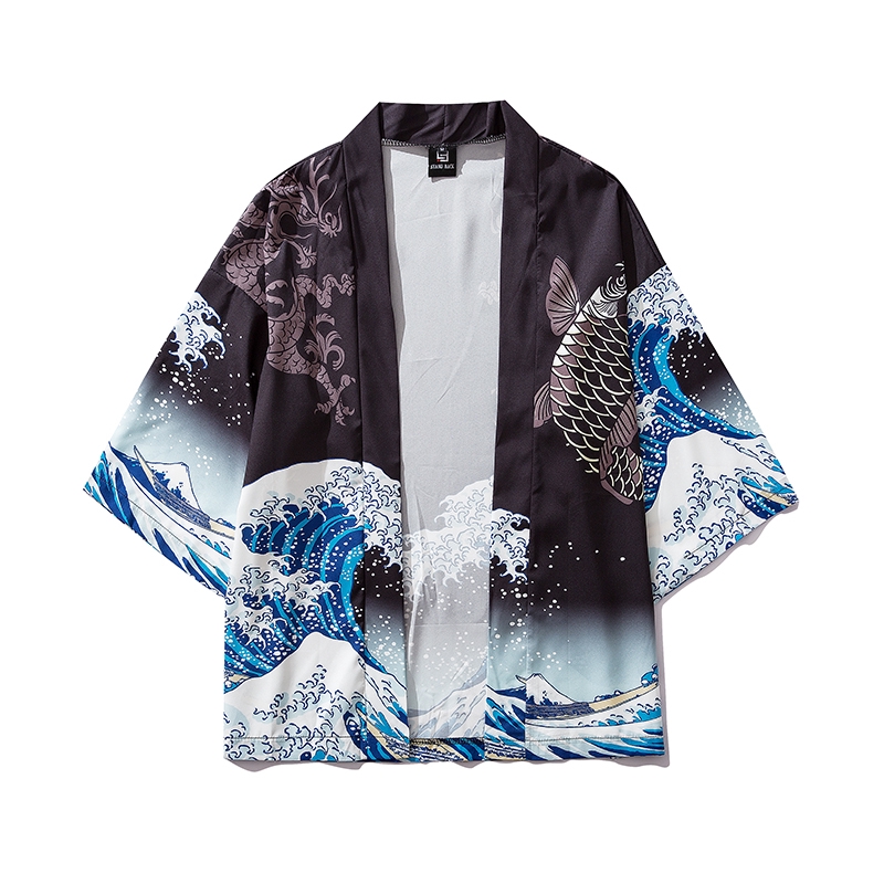 baju Fashion Cardigan Kimono Jepang Longgar Gaya Harajuku Jepang Warna Hitam / Putih, Ada Ukuran Besar kimono jepang