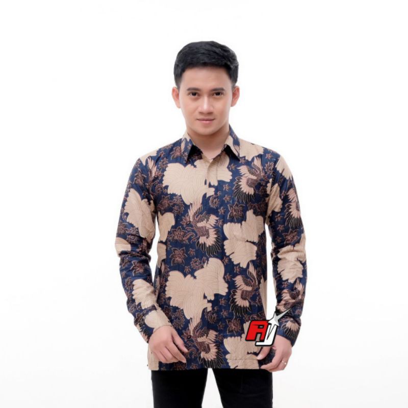 Batik Pria Lengan Panjang WIJOYO BATIK HRB026 motif KERATONAN Kode 002 Reguler Fit Seragam Kantor-Cakar blue navy