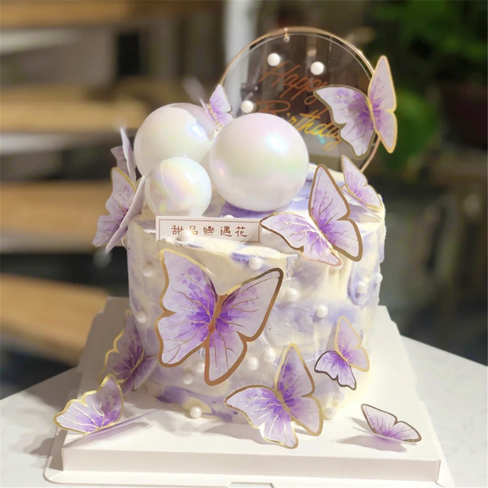 10pcs / set Hiasan Topper Kue Dengan Bahan Akrilik Dan Bentuk Kupu-Kupu Warna Warni