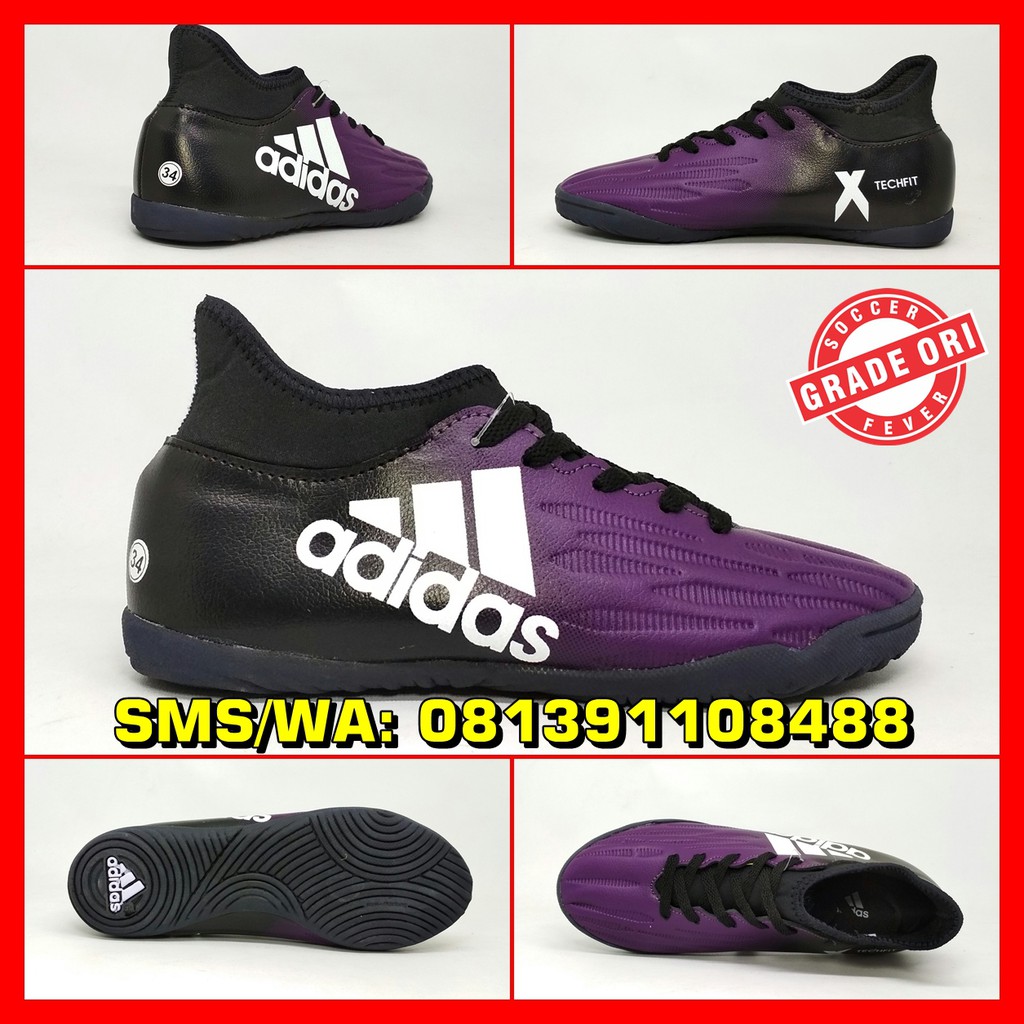 Sepatu Futsal Anak Adidas X Techfit Boot Hitam Ungu Grade Original Kids Size 33-37 Terbaru 2018