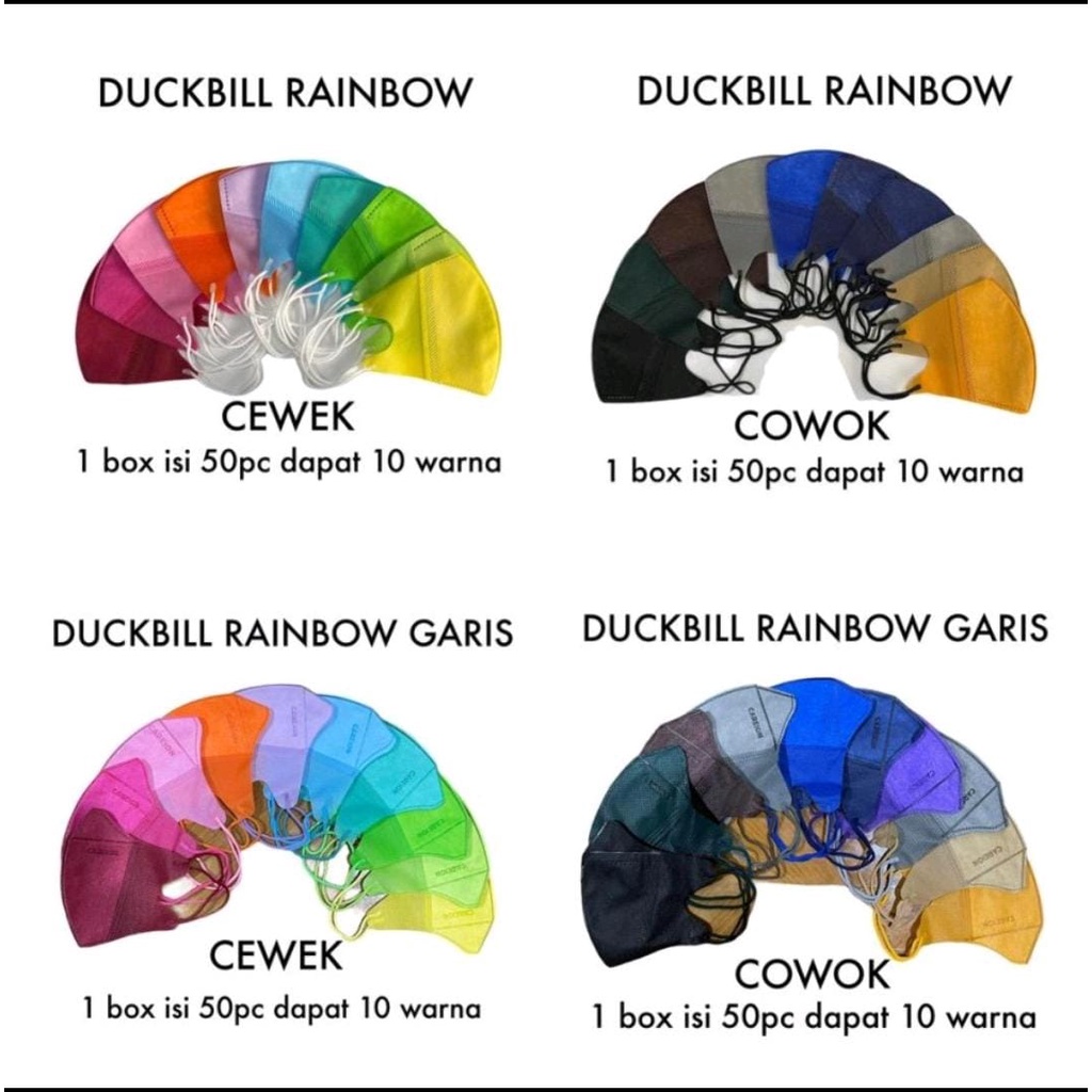 Masker Duckbill Rainbow Masker Dewasa Earloop Warna Warni 1 BOX ISI 50pcs