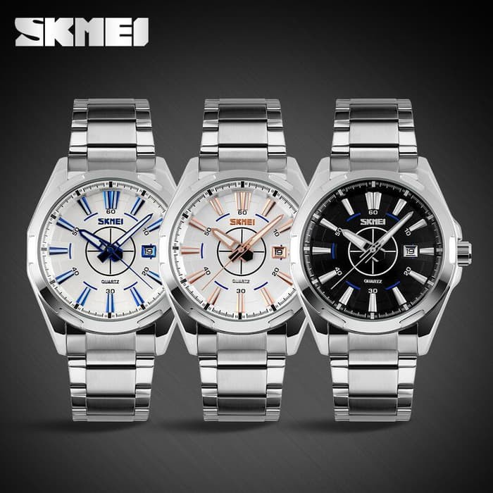 Jam Tangan Pria SKMEI 9118 Analog Date Strap Stainless Model Kasual Kekinian Terbaru