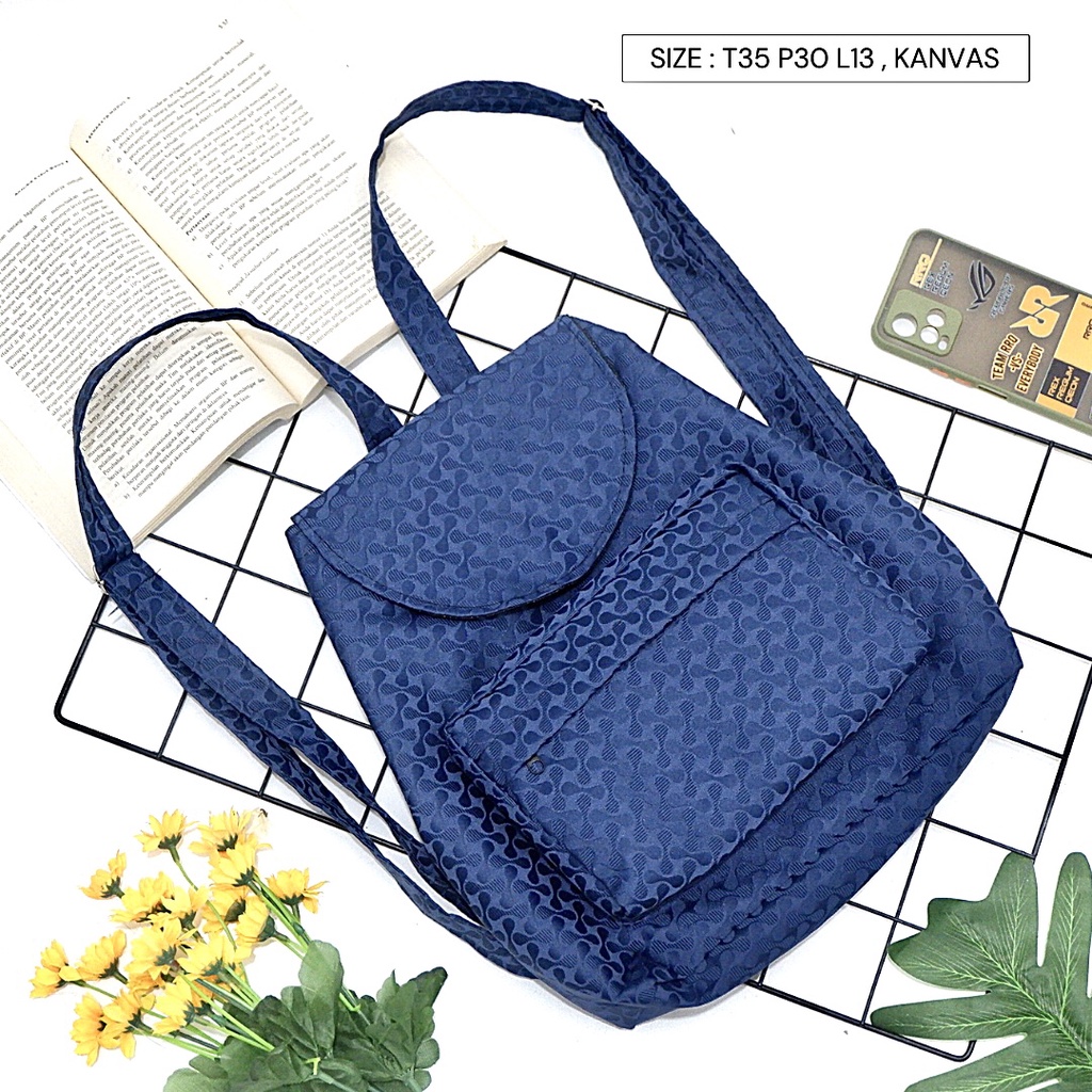 Bayar di Tempat COD Tas Ransel Serut Bahan Kanvas KANTONG Depan Ukuran Medium tas punggung wanita-Warna 589