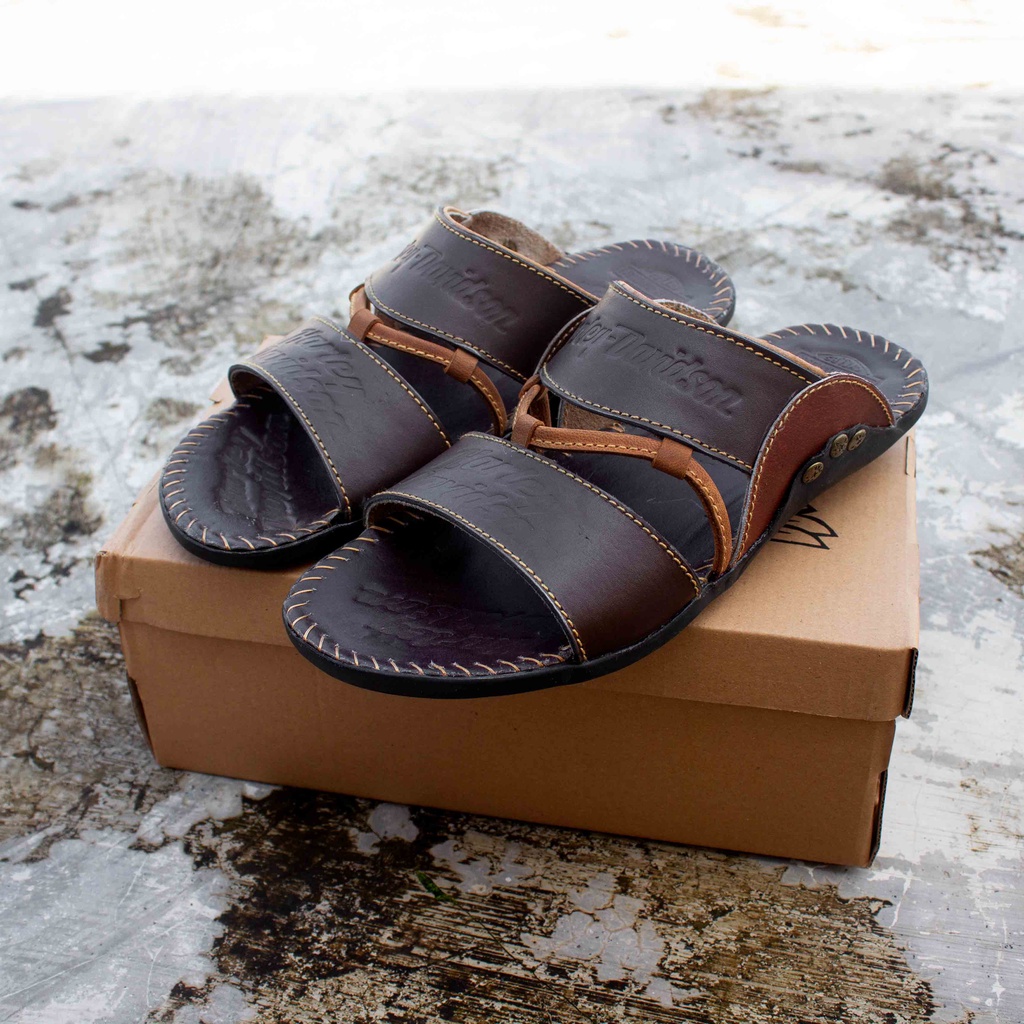 Sandal Kulit Asli - Sandal Kulit Pria Harley Davidson - Sandal Casual - Sandal Selop B2 TALI COKLAT