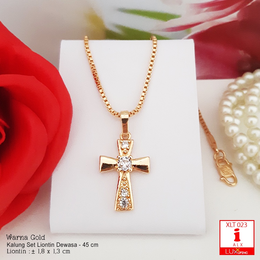 XLT 023 Kalung Set Liontin Salib Polos Tanpa Mata Kalung Salib Korpus Tubuh Yesus  Aksesoris Rohani Kristen Katolik Rosario Perhiasan Xuping Lapis Emas 18K Luxx Xuping